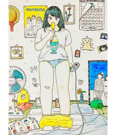 🐾展示🐾本日7/16〜7/29まで、渋谷の「boji hair +gallery」(@boji_hands_ )様の夏休み企画展「スーパーテンションズ」に参加させていただきます！平成最後の夏！インドアちゃんの最高の夏！を描きました！ゲームはいいから早く着替えなさ〜い！🍉載せてませんが今回も額まで描いたので、良かったら見に来てください🙇‍♀️